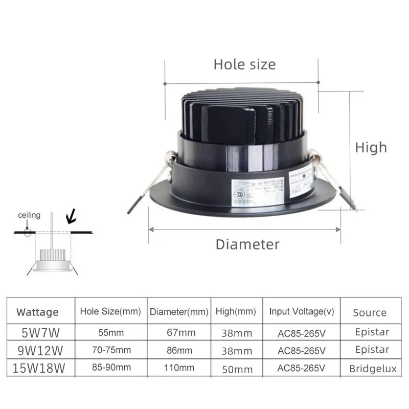 Anti-glare Led Downlights Dimmable 220V110V 5W 7W 9W 12W 15W 18W Recessed Led Ceiling Light Aluminum COB CEIL LIGHT Spot lamp