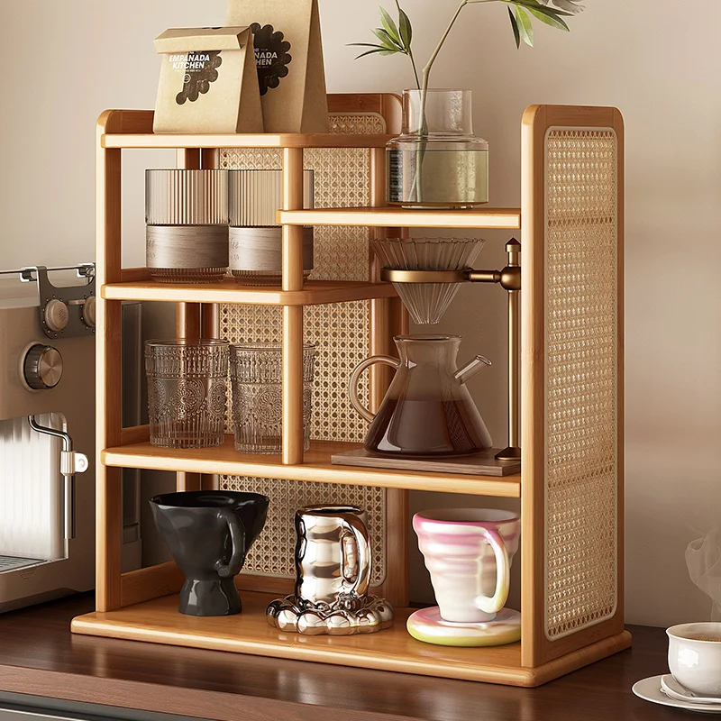 Bambusowa półka do przechowywania Retro Minimalistyczny uchwyt na kubek Anti-Tilt Organizer w kremowym stylu Wielopoziomowy stojak ekspozycyjny