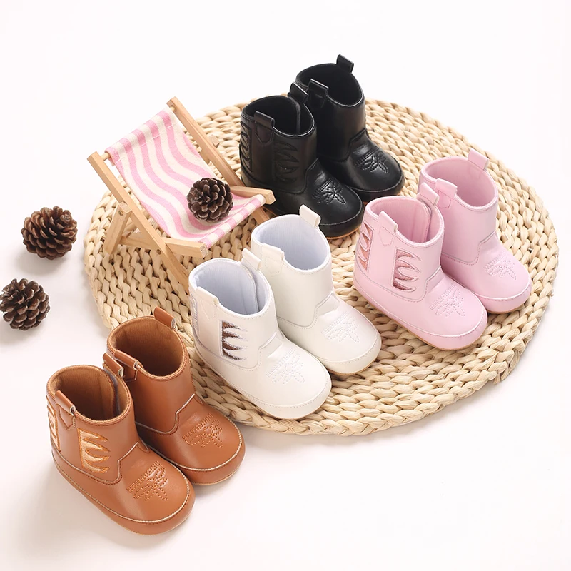 Baby Western Cowboy Booties Glitter Embroidery Faux Leather Soft Sole Infant Newborn Crib First Walkers Shoes 0-18M