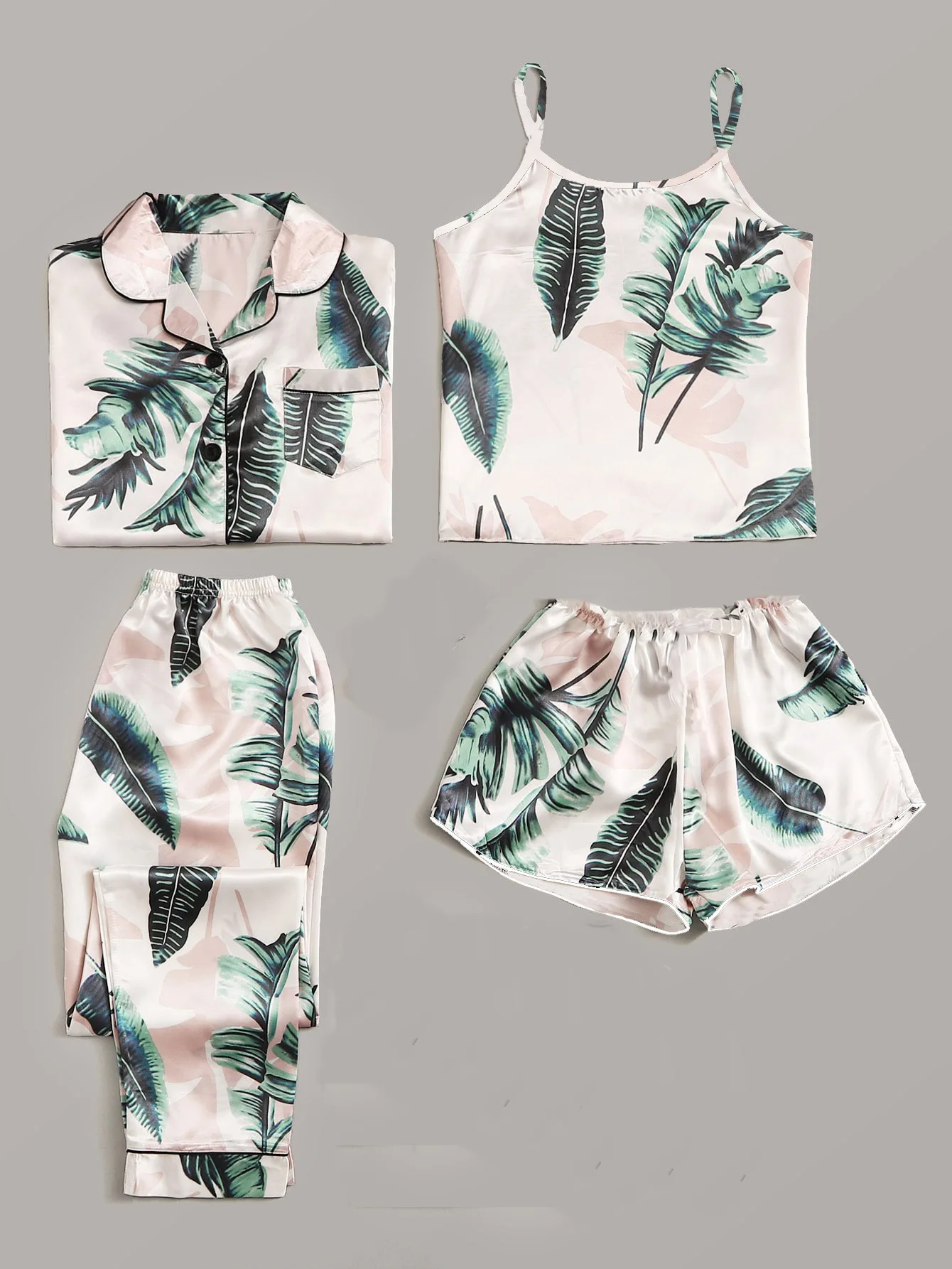 

Пижамный комплект женский из 4 предметов, пижама с принтом, шорты на бретельках, топ и штаны, атласная одежда для сна из искусственного шелка, домашняя одежда, весна-лето