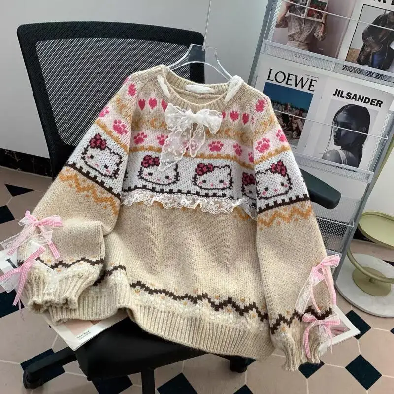 Sanrio HelloKitty Ragazza cotone Kawaii Anime Studente di moda Casual Maglione a maniche lunghe primaverile e autunnale Girocollo Nuovo top caldo