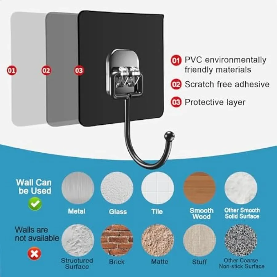 خطافات حائط لاصقة، عبوة سوداء مكونة من 10 خطافات حمام مقاومة للماء ومقاومة للصدأ تصل إلى 30 رطلًا كحد أقصى. مثالية للتعليق مناسبة للحمام #6
