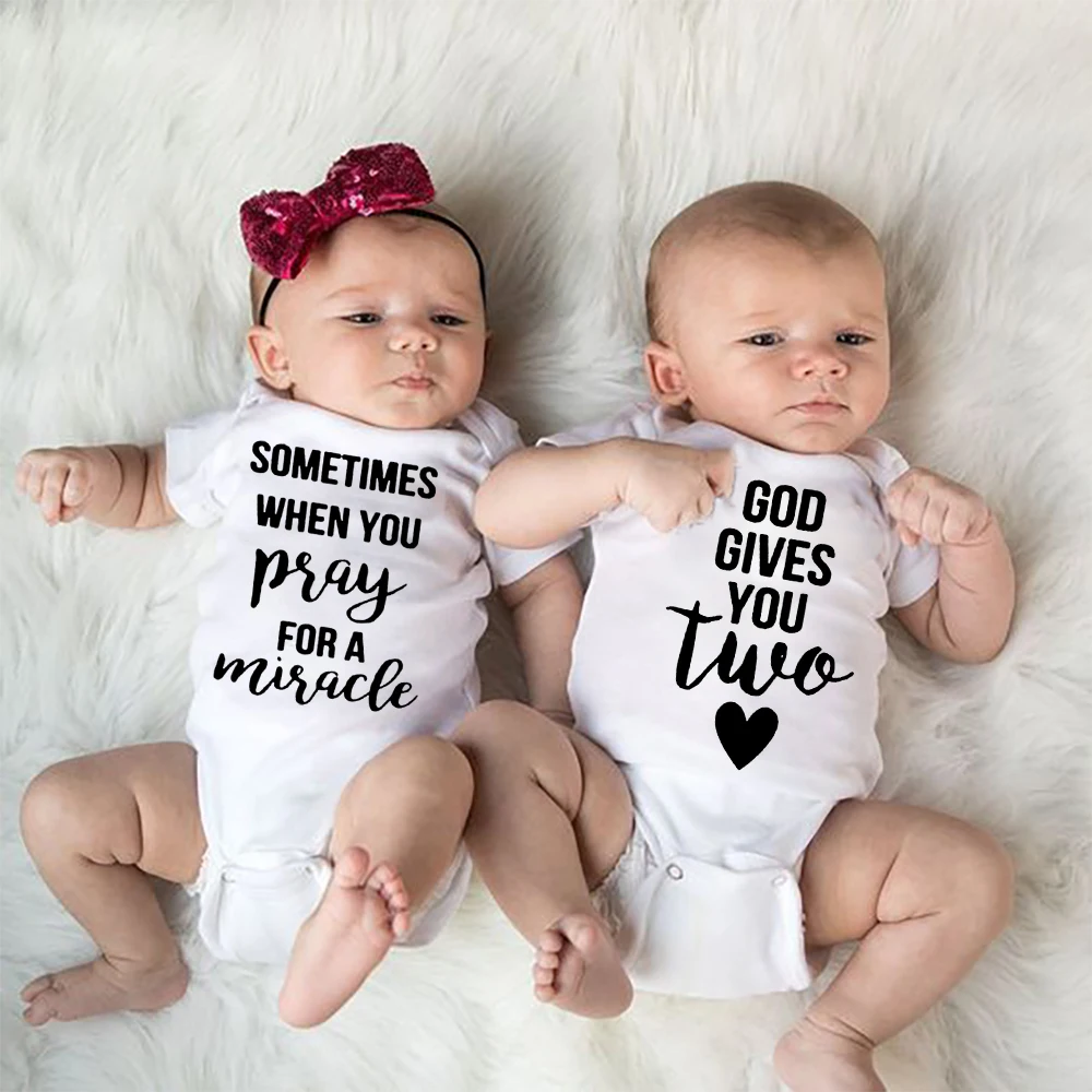 Twins Baby Bodysuit God Gives You Two Letter Printed Pregnancy Announcement Brother Baby Romper Outfit Clothes Christian Gifts