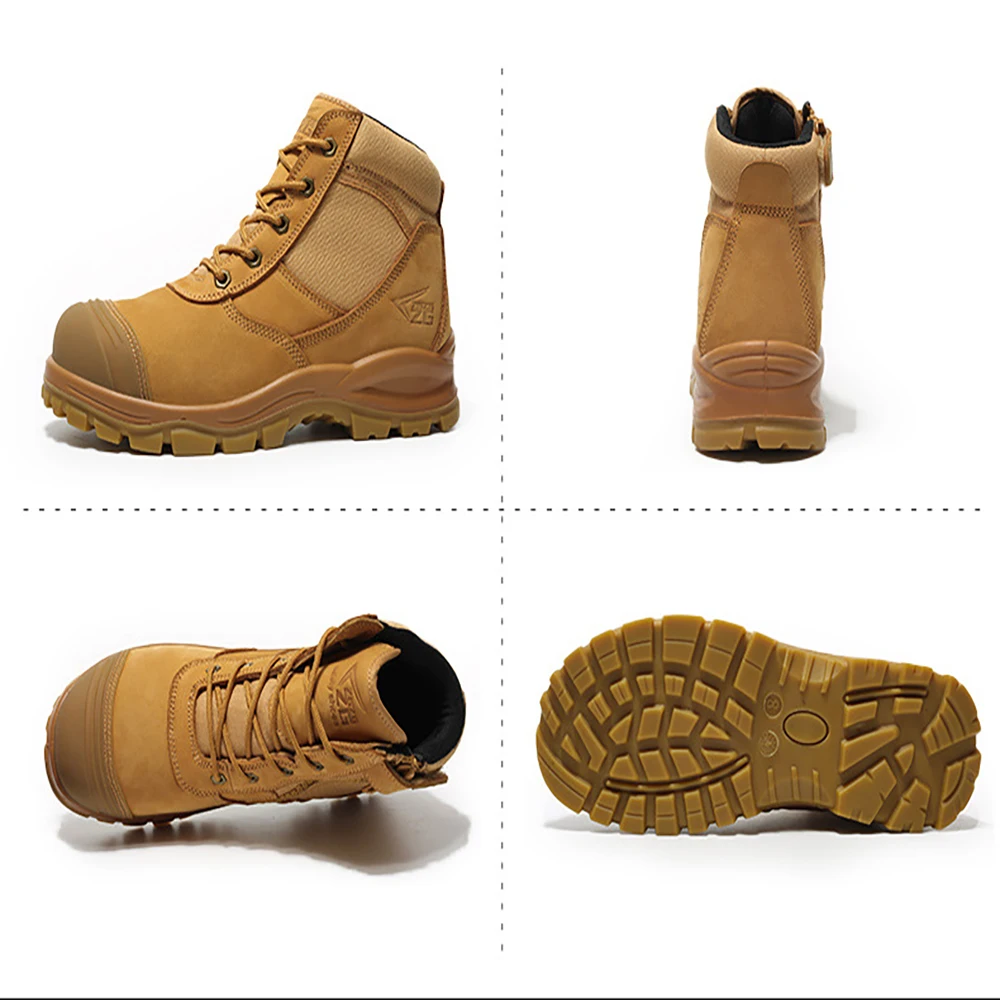 ArmorToe EN ISO 20345:2021 Crazy Horse أحذية أمان جلدية متوسطة القطع من الصلب عند أصابع القدم مقاومة للثقب برباط بني صناعي # درع3016