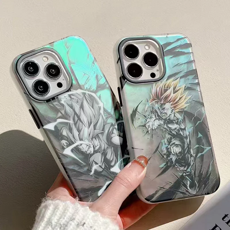 Luxury Dragon Ball Z Pattern Laser Phone Case For iPhone 11 12 13 14 15 16 Pro Max Goku Anime Super Saiyan Shockproof Back Cover