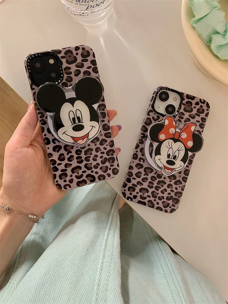 Luxus Leoparden muster Disney niedlichen Mickey Minnie Magsafe kabellose Handy hülle für iPhone 15 14 13 12 Pro Max Magnetst änder