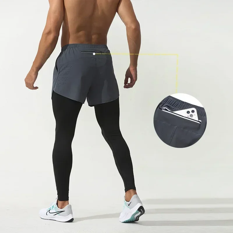 

Men 2 in 1 Double Deck Sports Pants Compression Pants with Shorts Training Fitness Running Women Gym Workout Leggings Sportswear