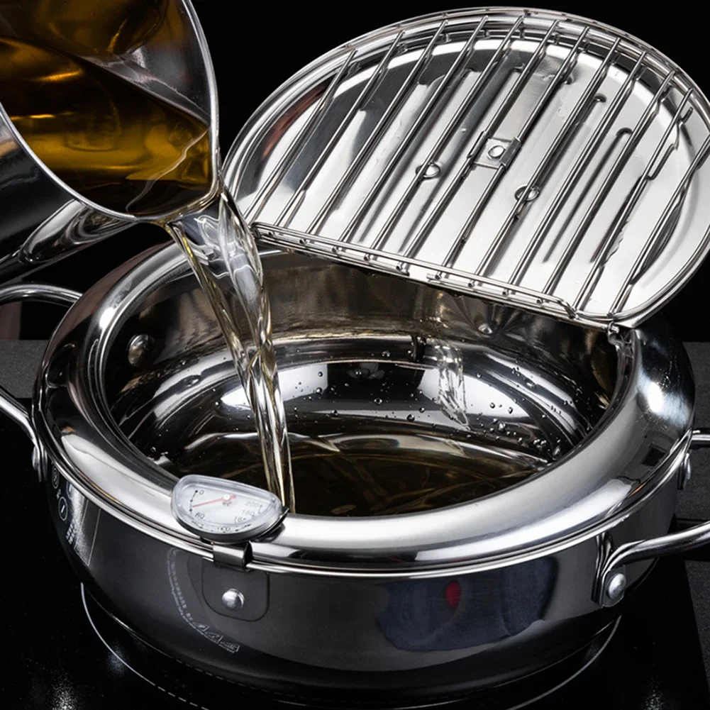 Japanese Style Deep Frying Pot with Oil Drip Drainer Rack 304 Stainless Steel Frying Pan for French Fries Chicken Wings Shrimp