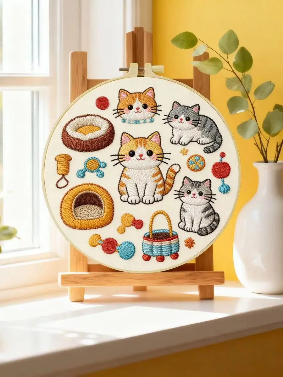 1 Stück 20X20CM/15X15CM 7,87/6,3 Zoll Katzen-Party-Stickerei-Starter-Kit DIY-Kit DIY-Stickerei-Set Handarbeiten Nadelkunst – Detail 6