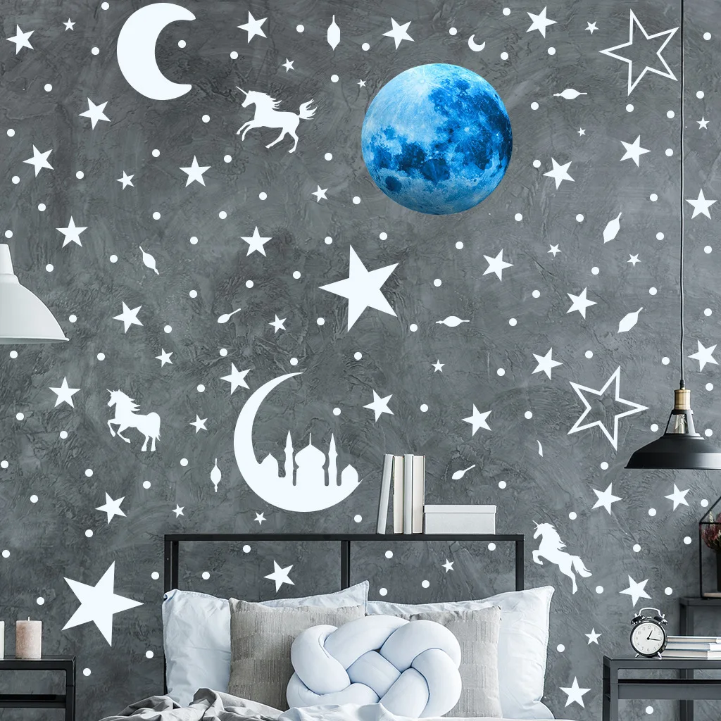 3d Moon Stars Luminous Wall Stickers Pvc Romantic And Beautiful Bedroom Children's Room Home Decoration