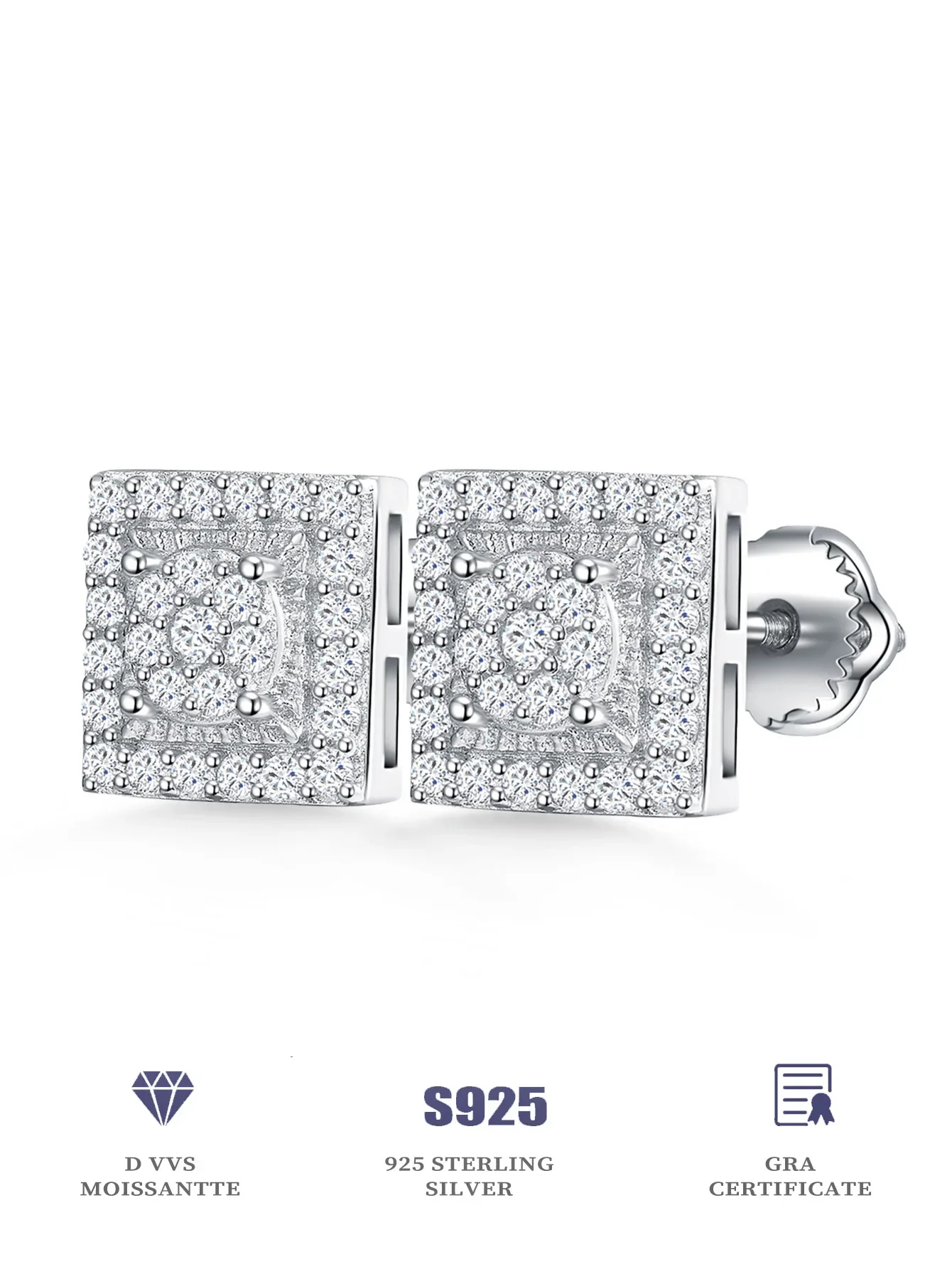 

Moissiante Earrings 925 Silver Stud Earring for Women Square Earring for Bithday Gift Engagement with Gra Certificate