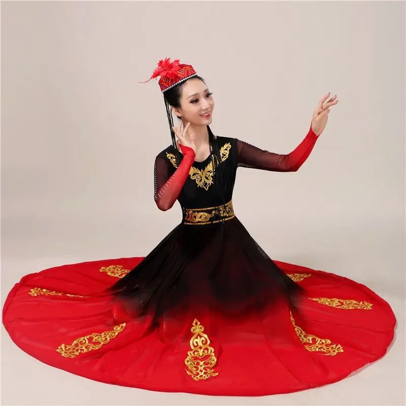 Gaun gaya etnik rok ayun besar, pakaian dansa rakyat Tiongkok, pakaian penampilan panggung Tahun Baru, kostum dansa Uighur Emale