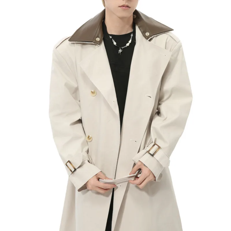 LEVIORTIN Korean Style Men's Trench Coats Pu Leather Patchwork Double Breasted Solid Color Overknee Lapel New Male Windbreaker