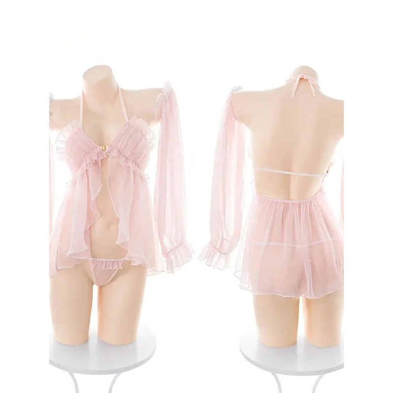 2025 New Sexy Hanging Neck Backless Hollow Out Mesh Sheer Dress Women Solid Color Loose Casual Versatile Sweet Short Dress