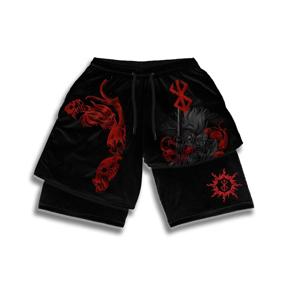 Summer Quick Drying Mesh Shorts Anime Berserk Sports Shorts Men's Manga 3D Printing 2-in-1 Performance Shorts Fitness