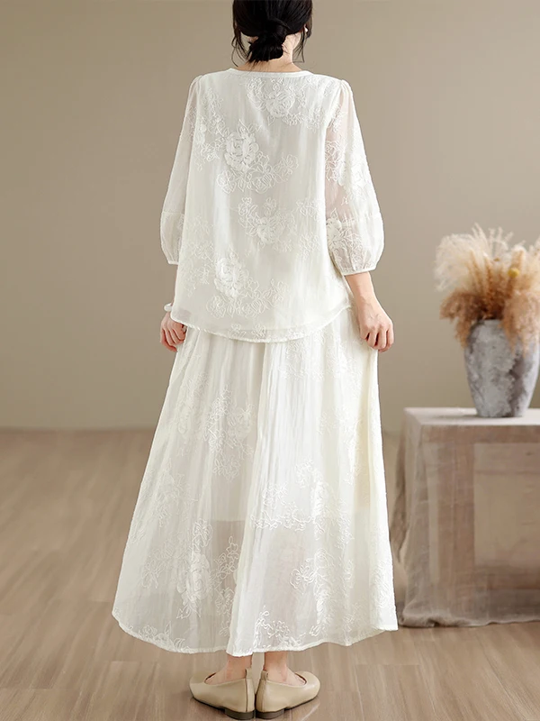 Elegant Embroidered Artistic Shirt And Skirt Set Women's Fashionable Traditional Chinese Style Cotton Blend Seven Sleeve Butt...