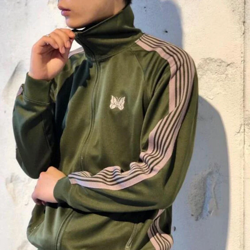 Cotton Jacket Butterfly Embroidery+Webbing Track Stripe Lapel Collar Coat Oversize Men Women Zipper Green Long Sleeve