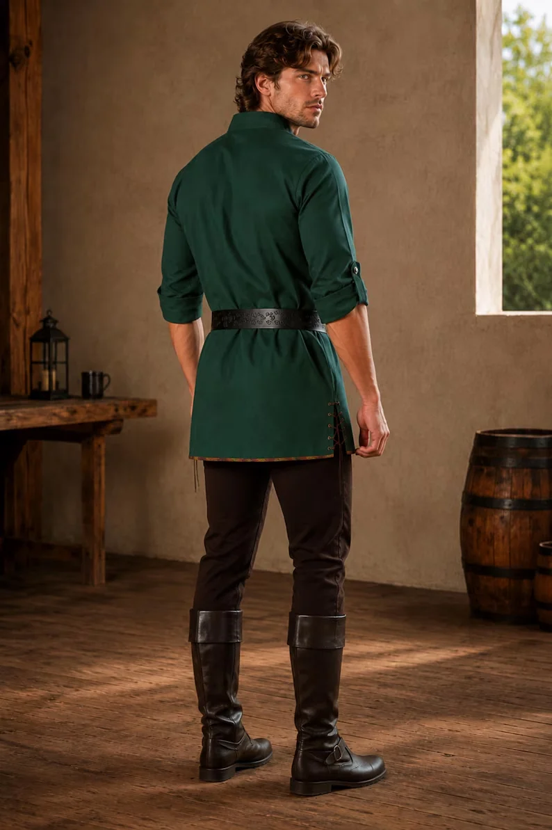 Men Vintage Medieval Lace‑Up Tunic Shirt With Belt, Renaissance Viking Pirate Long Sleeve Halloween Cosplay Costume Tops