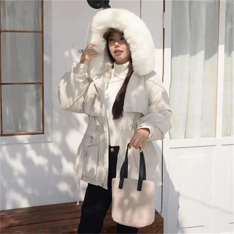 Parka da donna moda cappotto lungo fodera in lana Parka con cappuccio 2025 nuova giacca invernale sottile con collo in pelliccia abbigliamento da neve caldo imbottito