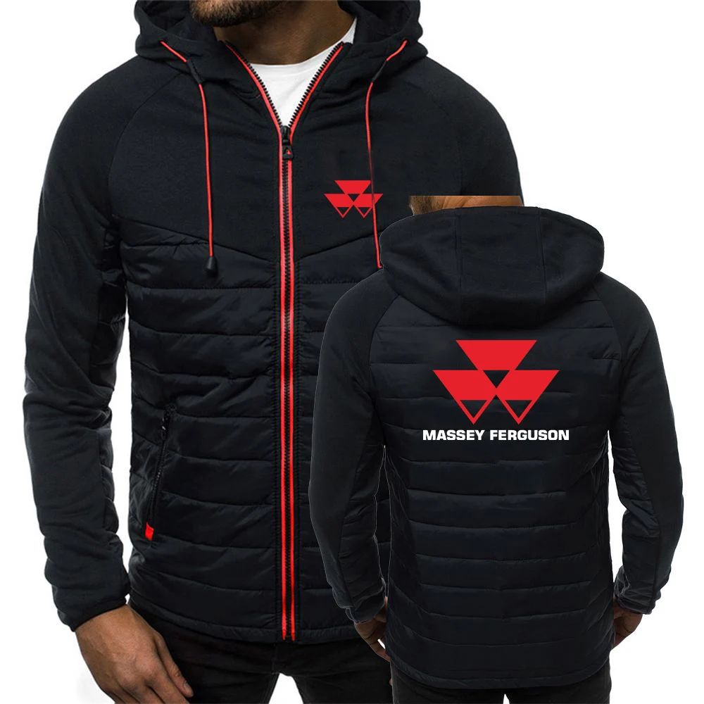 2024 Spring Autumn Men's Massey Ferguson Logo Print Popular Cotton Hooded Jacket Casual Patchwork Zip Cardigan Long Sleeve Coat