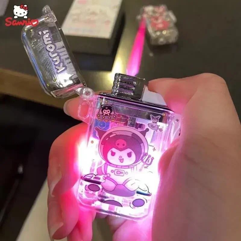 Kuromi Pink Flame Gas Lighter Strobe Light Igniter Kawaii Hello Kitty Lighter Cinnamoroll Melody Waterproof Butane Lighters