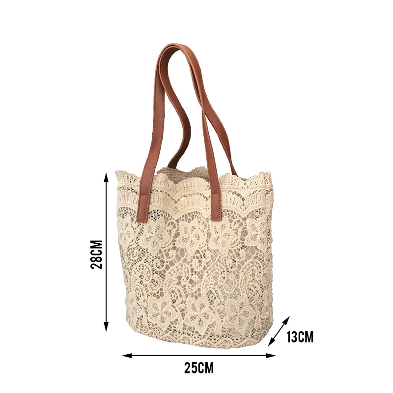 1X Boho Woven Summer Bag Handbags Tote Lace Shoulder Bag Hand Crochet Flower Bag Holidays Ladies Shopping Large Capacity