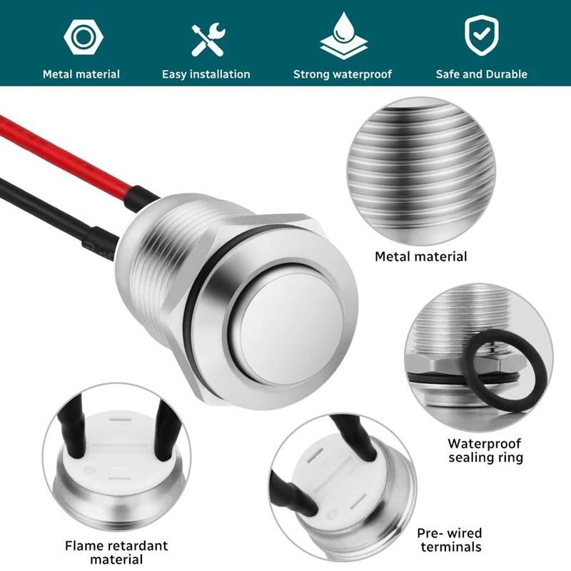 LJL-6Pcs Pressure Switches,12 Mm Momentary Pressure Switch, Metal Waterproof Button, Protruding Pressure Switch With Wire