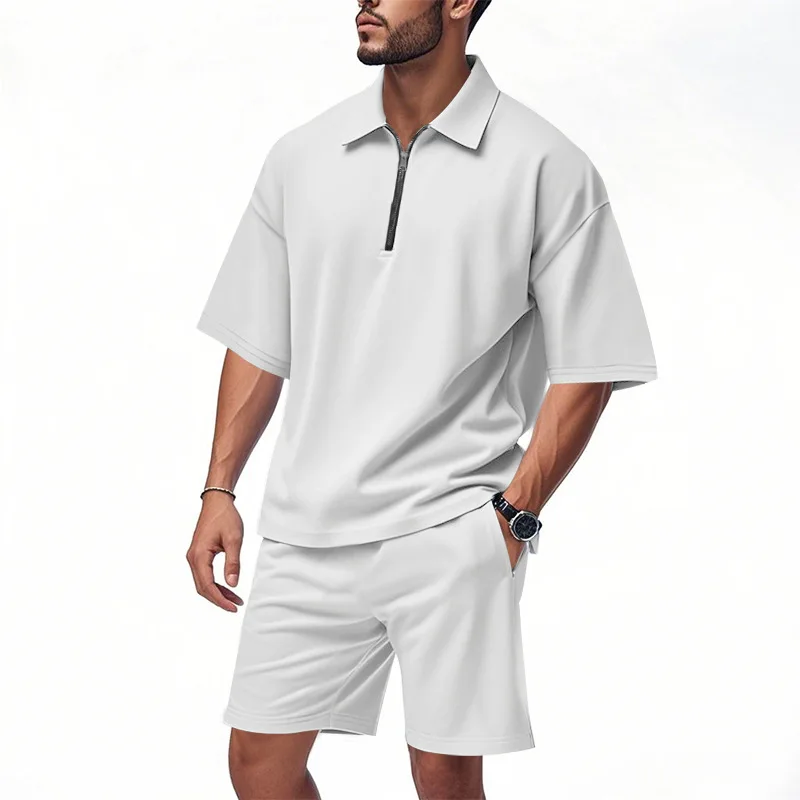 

Men's Performance Pique 2-Piece Set 2025 Summer Buttoned Collar Polo Relaxed Shorts Contemporary Streetwear Fairway to Street