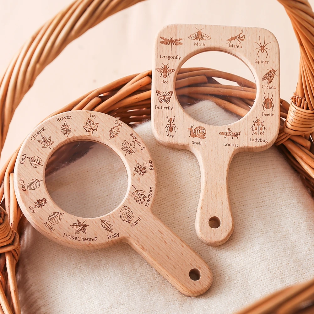 Lupa de madeira brinquedos crianças handheld bebê lupa vidro para exploração animal planta explorar brinquedos educativos ao ar livre presentes