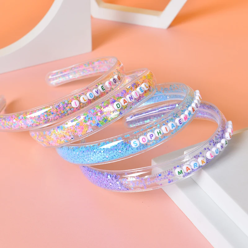 Przezroczyste opaski na głowę Quicksand dla dzieci Dzieci Dziewczynki Brokatowe cekiny Spersonalizowane opaski do włosów Bezel Hair Hoop