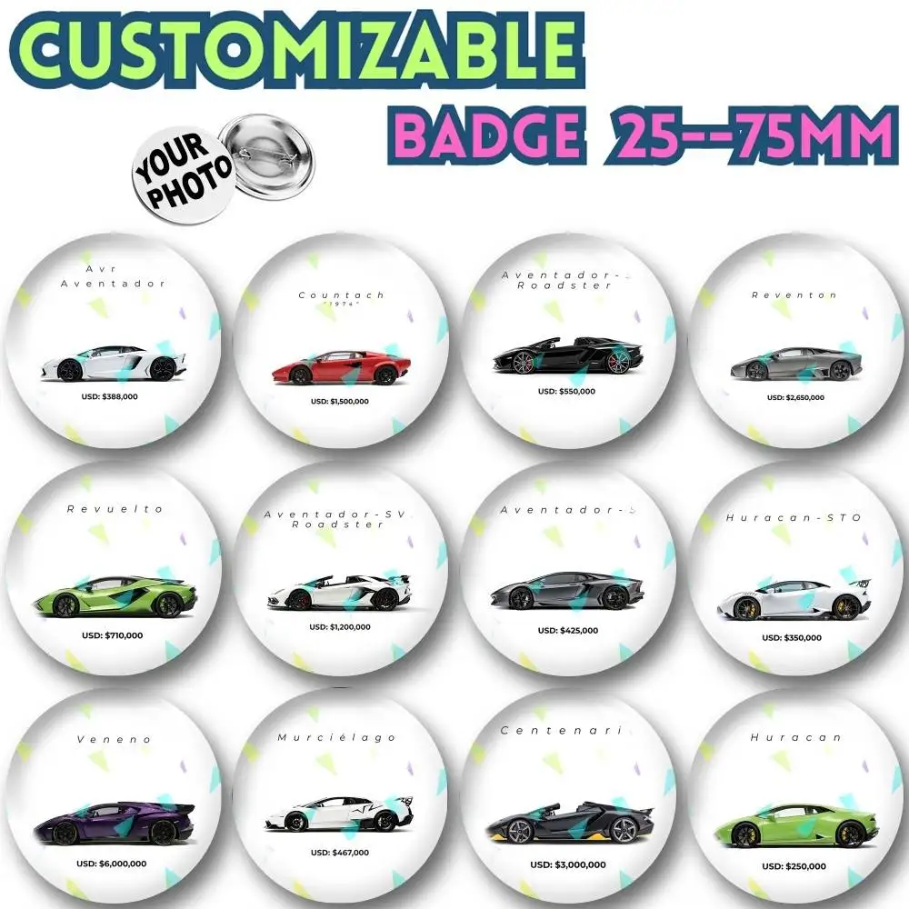 The V12 Bull L-Lambo U-Urus R-Revuelto  Customizable Brooch Pins, Personalized Badges With Broken Glass Design Fashion Accessory