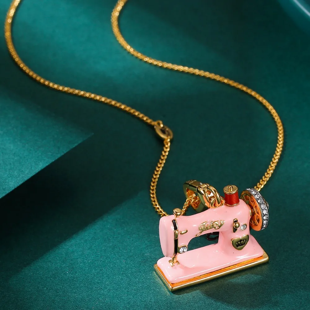 Enamel Pink Sewing Machine Pendant Necklace Love Heart Crown Bowknot Fashion Jewelry For Women Girls Cute Gift - view 4
