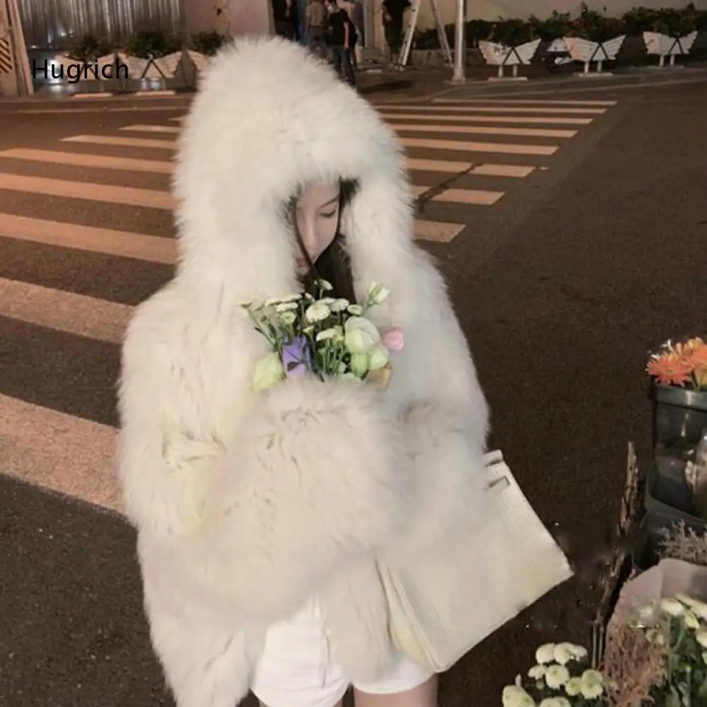 Thick Warm Ladies Hooded Plush Furry Outer Coat Loose Drop Shoulder Faux Fur Jacket For Cold Weather Dating Party Daily Styling