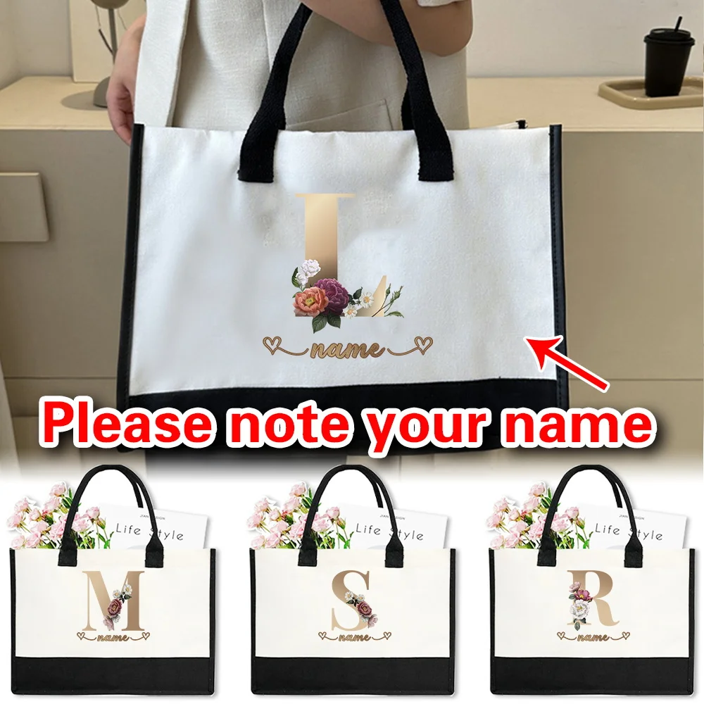

Customizable Name Retro Shopping Bag White Linen Handbag Casual Shoulder Bag Eco Friendly Storage Bag Rose Gold Letter Series