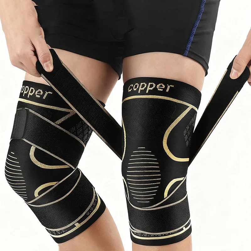 

1Pc Copper Knee Brace with Adjustable Straps Compression Knee Support Sleeve Running Basketball Workout Knee Pads for Men Women