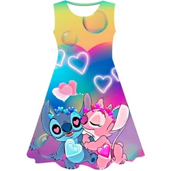 Disney-vestido Lilo e Stitch para meninas, roupas casuais infantis, Lilo e Stitch, estampa fofa, impressão 3D, kawaii, clássico, verão