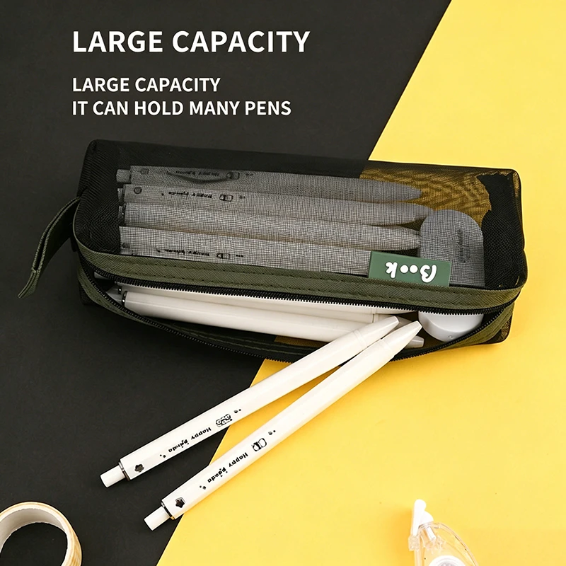 Mesh Transparent Pencil Case Large Capacity Student Exam Pen Bag Color Contrast Stationery Storage Pouch