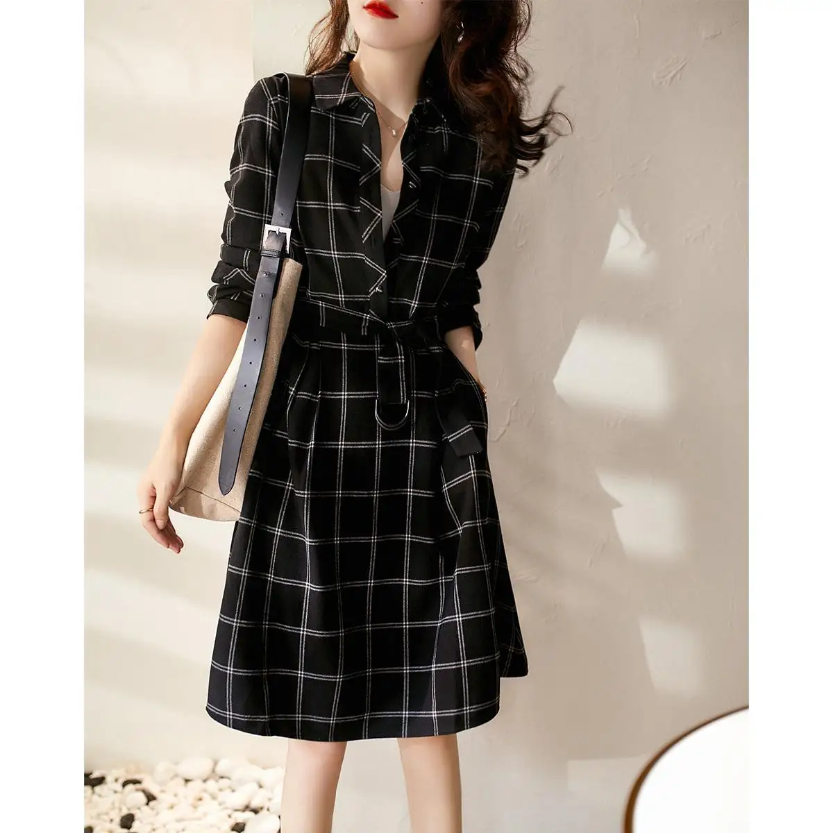 

Elegant Fashion Plaid Striped Belt Dresses Spring 2023 New Long Sleeve V-Neck Loose Pullovers Tunic Midi Dress Women's Clothing