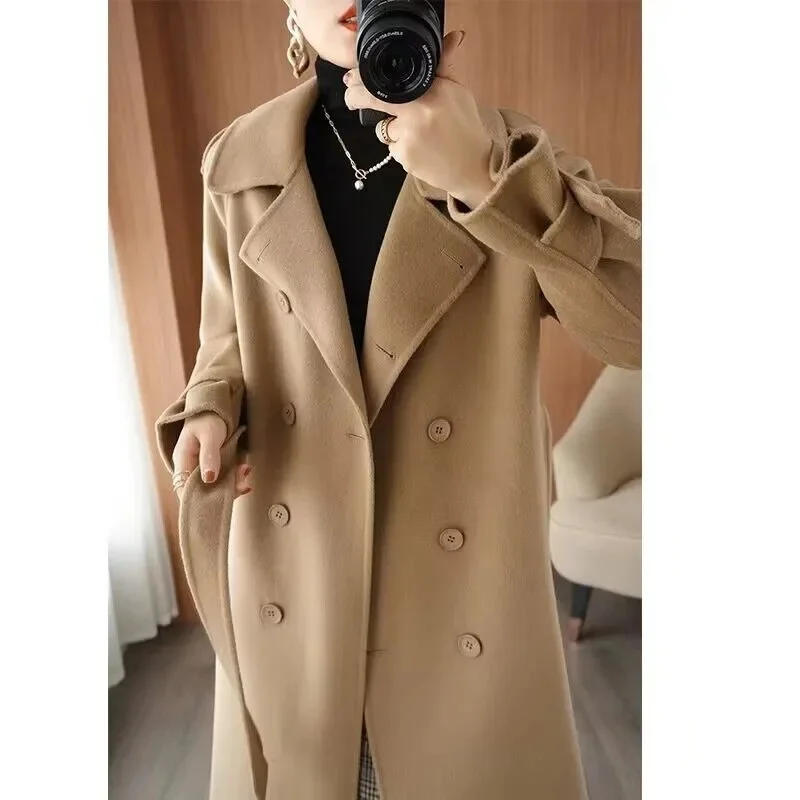 high-end 100% wool water ripple coat double-sided coat women autumn winter new double-sided cashmere coat women long