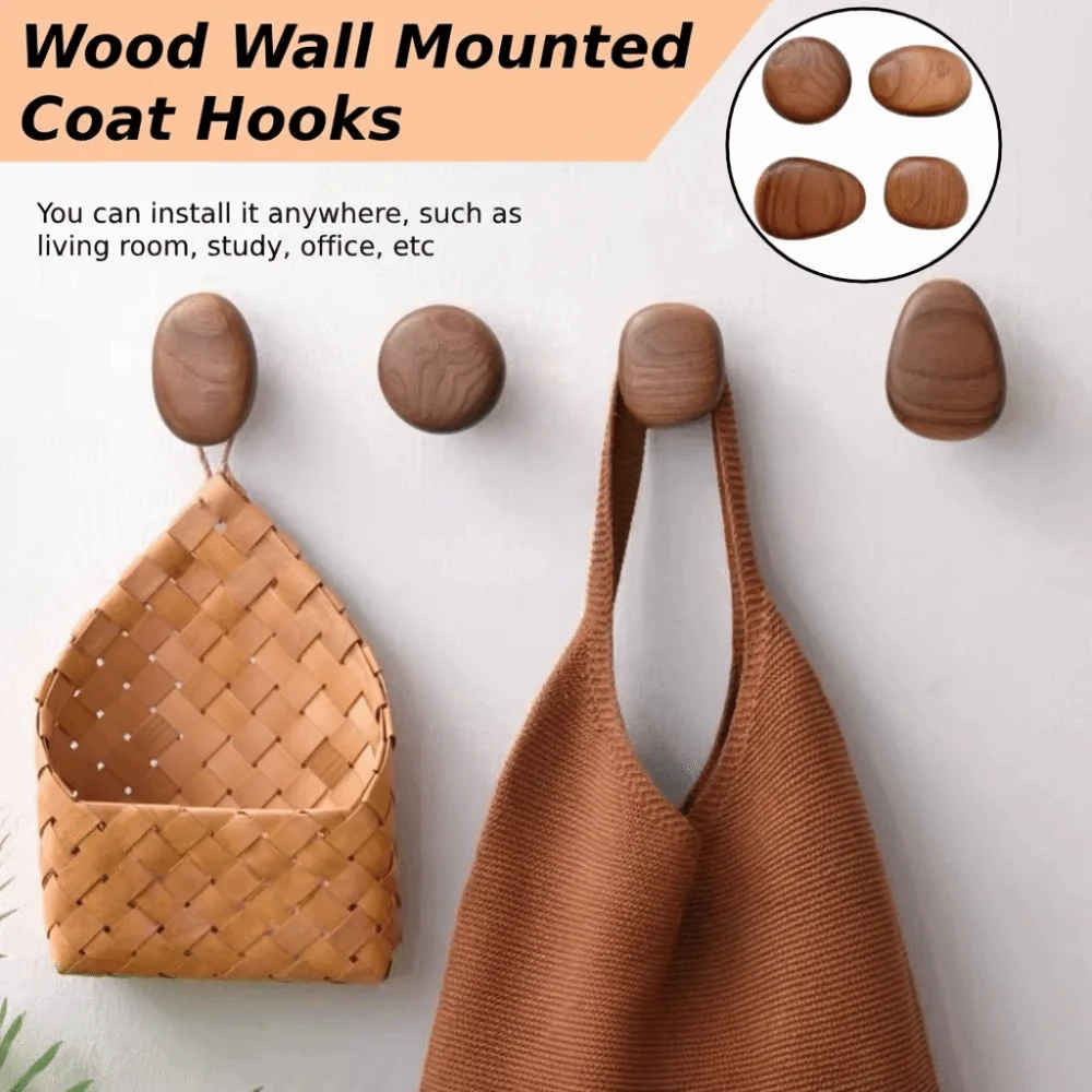 

4pcs Beech Walnut Wood Wood Hook Solid Wood Punch Free Wall Hook Simple Design Wood Handle Hanging Hanger Clothes Storage