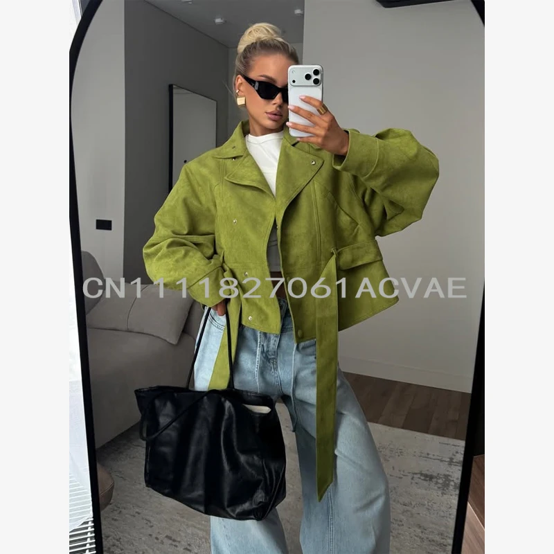 

Fashion Lace Up Suede Jacket Women Lapel Full Sleeve Single Breasted Pocket Cropped Coat 2026 Spring Lady Daily Street Outerwear