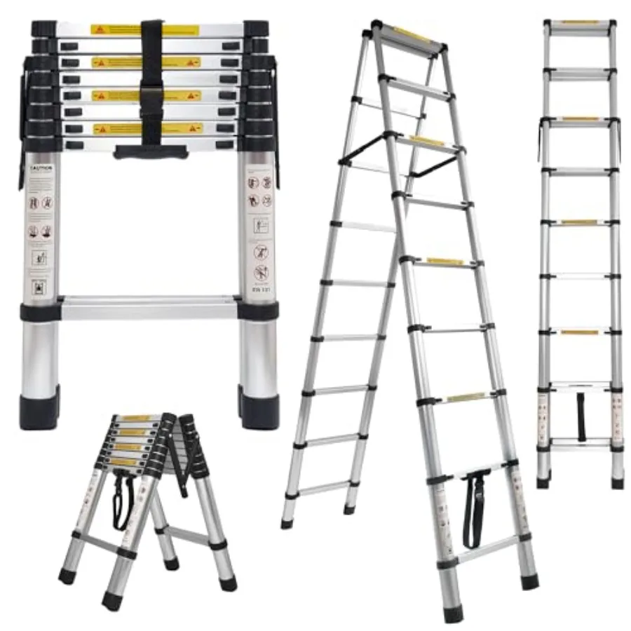 

17 FT A-Frame Telescoping Ladder 9+9 Step 330LB Load Capacity Portable Telescopic Folding Extension Ladder in Silver Heavy Duty