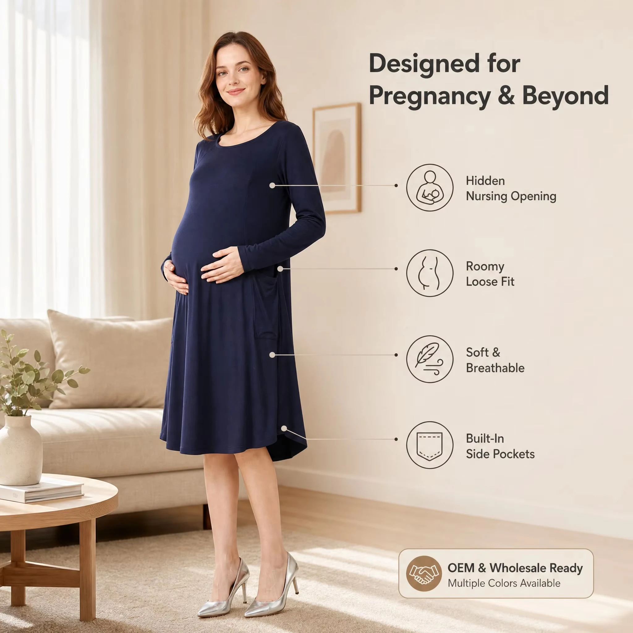 Maternity Nursing Dress Long Sleeve Hidden Zipper Breastfeeding Midi Loose Pregnancy Outfit with Side Pockets Modal