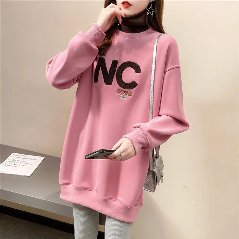 Autumn Winter High Collar Long Sleeve Fleece Thick Oversize Streetwear Female Sweatshirt Fake 2 Piece Letter Pullover Tops Women