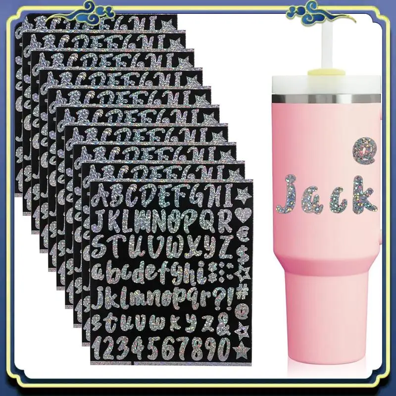 Latest 10 Sheets Stanley-Cup Vinyl Letters Stickers,Self-Adhesive Glitter Letter Name Stickers, Colorful Glitter Vinyl Alphabet