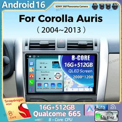 Android 16 For Toyota Corolla E140 150 Auris 2004-2013 2K QLED Android Car Radio Multimedia Video Player GPS 4G CarPlay Stereo
