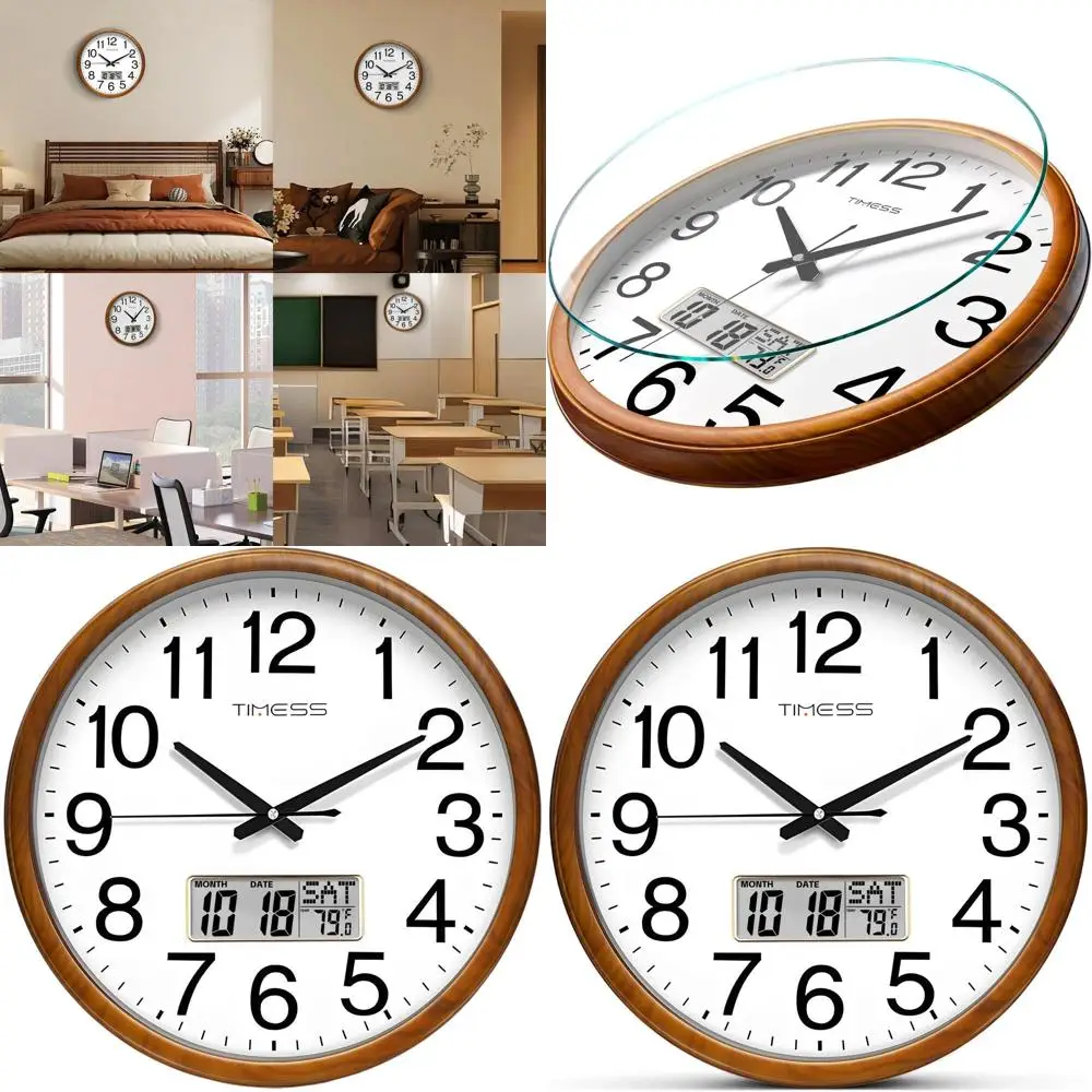 

16 Inch Wooden Silent Quartz Clock with Calendar and Temperature Display, Home & Office Decor
