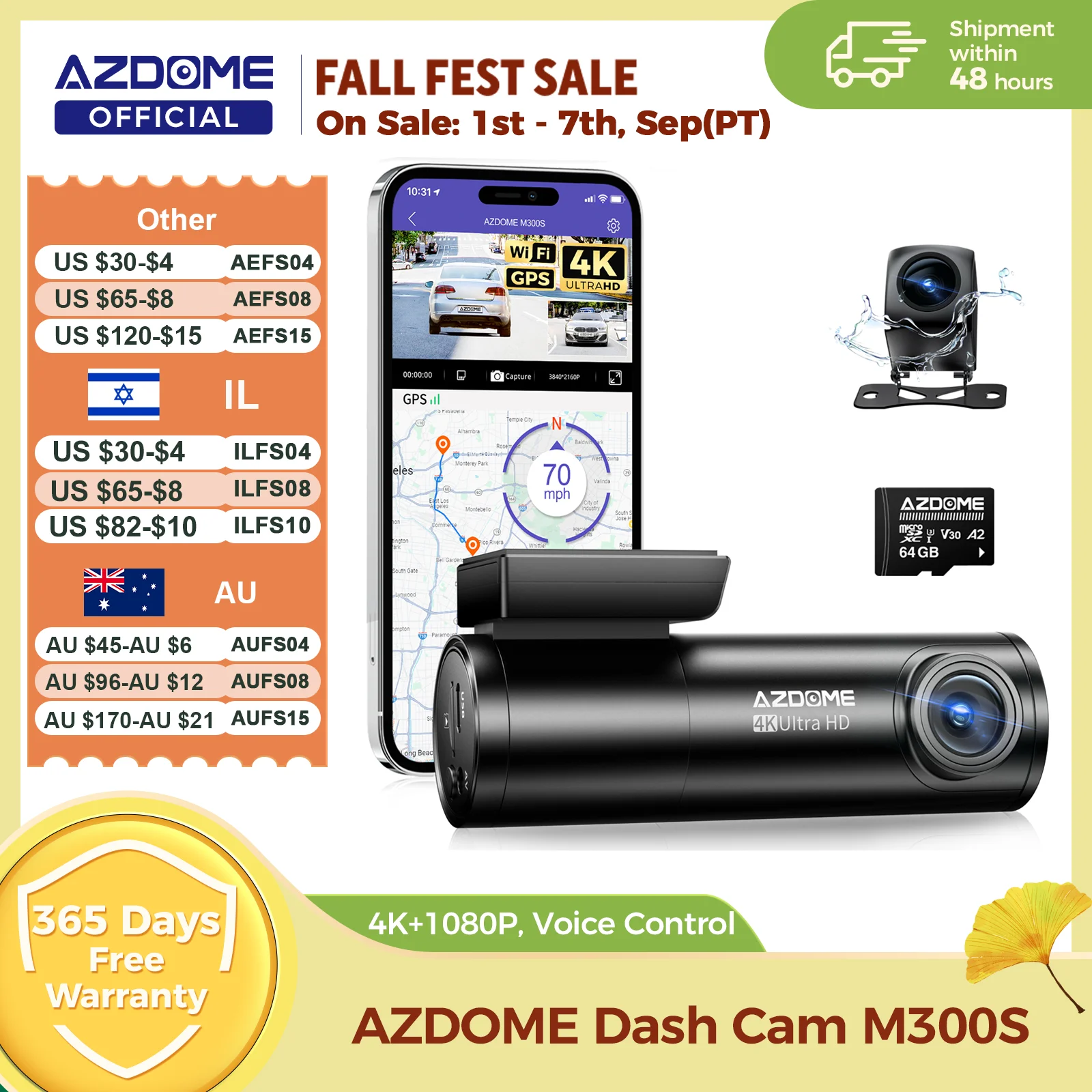 Image of AZDOME M300S 4K Dashcam Vorne und Hinten, Eingebautes ADAS WiFi GPS Autokamera, Gratis 64GB Karte, Sprachsteuerung, Nachtsicht