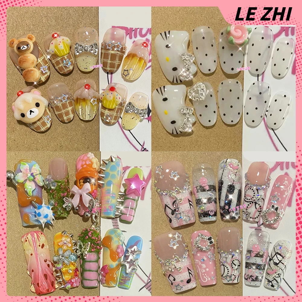 

Y2K Spice Girl Cartoon Rilakkuma Rabbit Monkey Handmade Press On Nail Pentagram Flower Sunflower Diamond Wearable Fake Nails