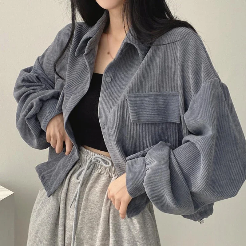 Women Spring Autumn Vintage Corduroy Long Sleeve Button Cardigan Jacket Crop Corduroy Jacket Loose Lapel Chic Short Coat